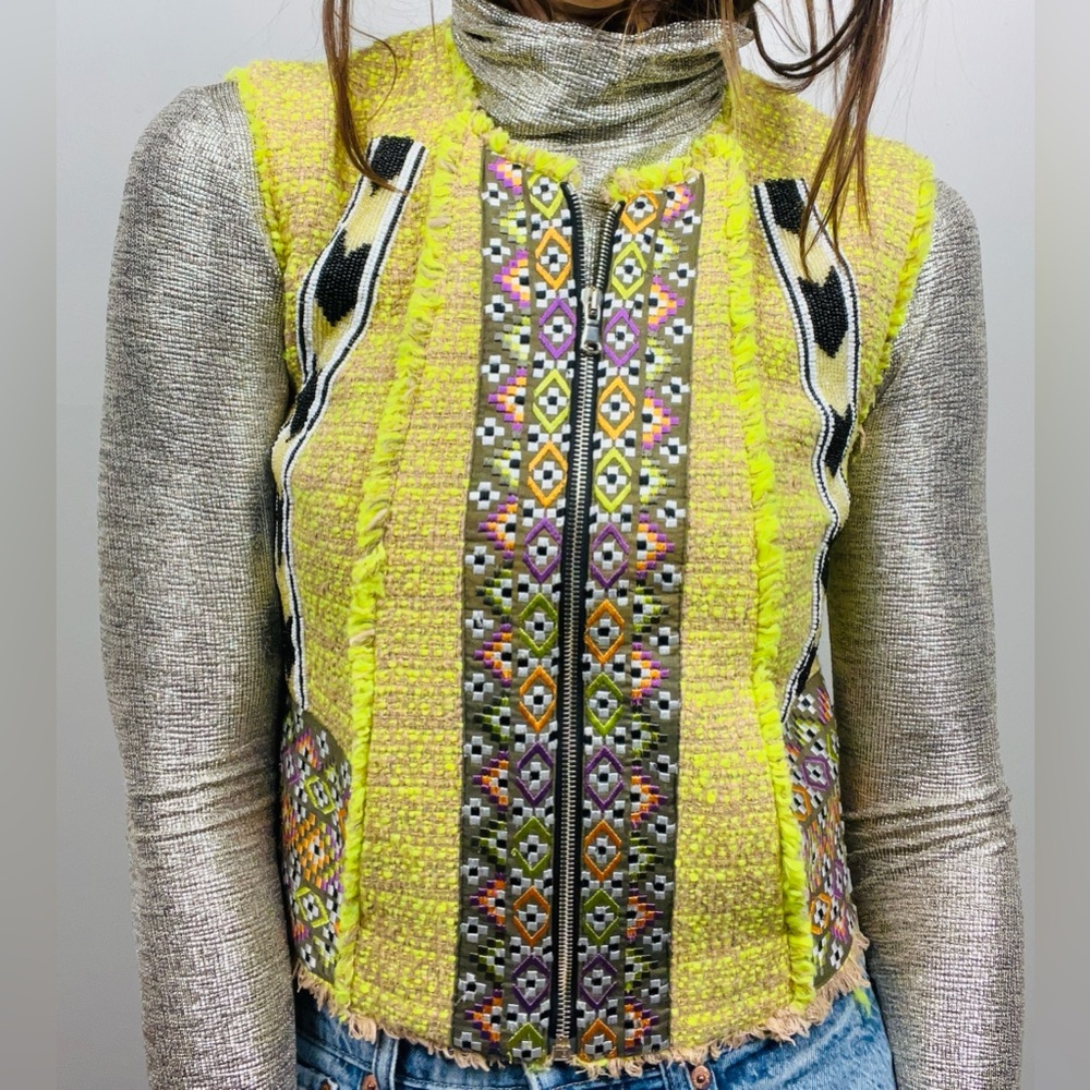MSGM Fluorescent Yellow Tweed Beaded Vest – Embellished Designer Zip-Front - S